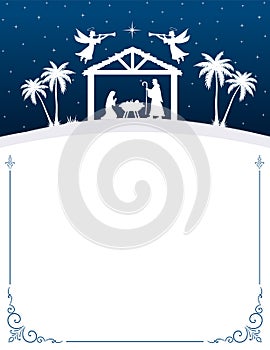 Merry Christmas greeting card. Christmas Nativity scene greeting card background. Vector EPS10.
