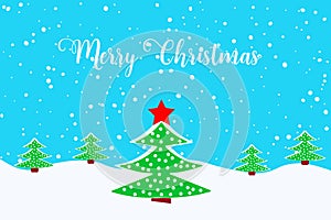 Merry Christmas greeting card with Christmas tree and falling snow