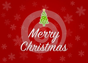 Merry Christmas greeting card with Christmas tree in red snowflake background