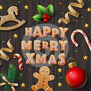 Merry Christmas greeting card with cookies