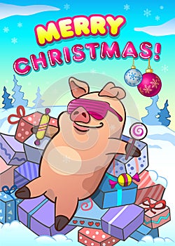 Merry Christmas. Greeting card. Cool pig in pink eyeglasses with candies lying on a pile of gifts