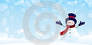 Merry Christmas greeting card with copy space. New Year banner for greetings and design. Cute snowman on a winter