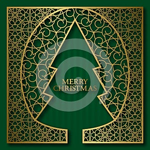 Merry Christmas greeting card cover background with golden ornamental frame in Christmas tree shape
