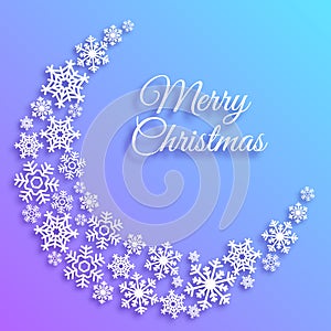 Merry Christmas greeting card with a crescent made of white snowflakes. Xmas holiday vector background template. Elegant