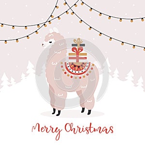 Merry Christmas greeting card. Cute Alpaca with gift boxes