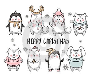 Merry Christmas greeting card with cute animal in scandinavian style. Cute winter animals isolated on white background.