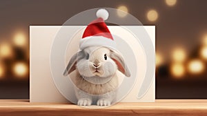 Merry Christmas greeting card. Cute bunny in a hat