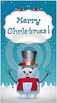 Merry christmas greeting card of cute cartoon cheerful snowman