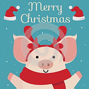 Merry Christmas greeting card. Cute cartoon piggy on blue background.