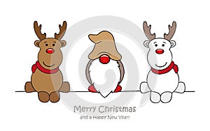 Merry christmas greeting card with cute dwarf and deer