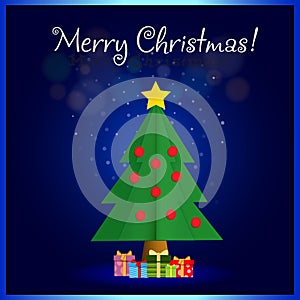 Merry Christmas greeting card of cute fir tree with presents