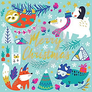 Merry Christmas greeting card with cute funny animals in vector