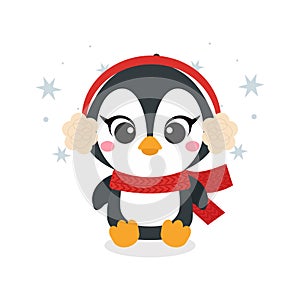 Merry Christmas greeting card with cute little penguin