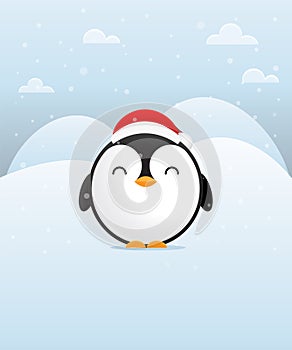 Merry Christmas greeting card with cute penguin. Christmas morning.