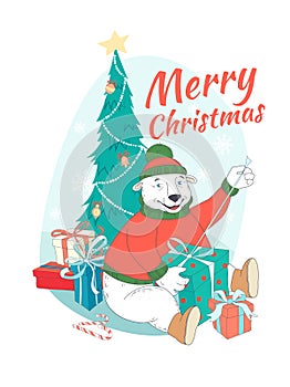 Merry Christmas greeting card cute polar bear wearing knitted sw