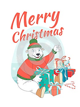 Merry Christmas greeting card cute polar bear wearing knitted sw