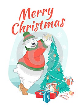 Merry Christmas greeting card cute polar bear wearing knitted sw
