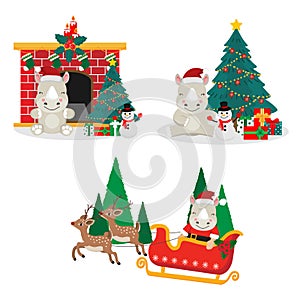 Merry Christmas greeting card with cute Rhino