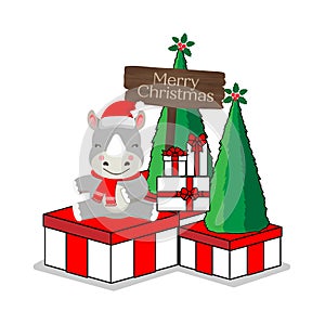 Merry Christmas greeting card with cute Rhino