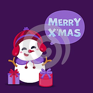 Merry Christmas greeting card with cute Santa Claus, reindeer, snowman and Christmas tree. Vector illustration Cute Christmas char