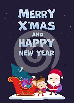 Merry Christmas greeting card with cute Santa Claus and reindeer. Vector illustration Cute Christmas template.