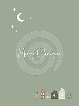 Merry Christmas greeting Card with cute scandinavian houses and text