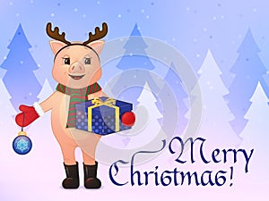 Merry Christmas greeting card. cute smiling pig