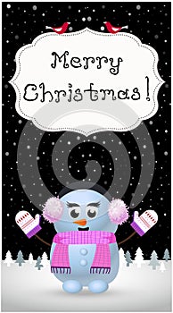 Merry christmas greeting card of cute snowman girl in ear muffs