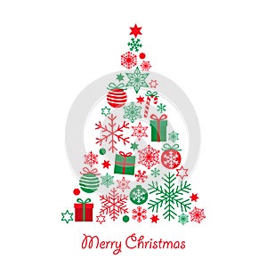 Merry Christmas greeting card with cute triangle christmas tree made from red green gifts, balls, stars and snowflakes