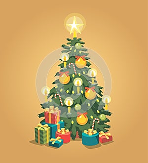 Merry Christmas greeting card with decorated christmas tree.