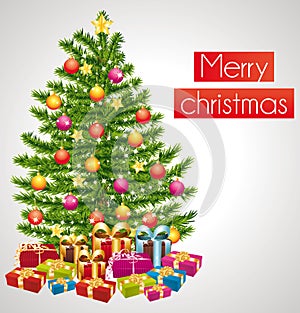 Merry christmas. Greeting card with decorated tree.
