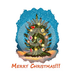 Merry Christmas greeting card with decorated Xmas tree on snowy background. Digital art illustration with hand drawn spruce with