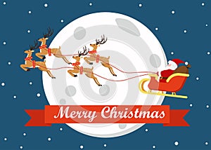 Merry christmas greeting card decoration with cute cartoon Santa Claus flying on a sleigh with reindeers