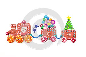 Merry Christmas greeting card with decorations. Santa, Christmas train with tree, sweets and gifts. Copy space