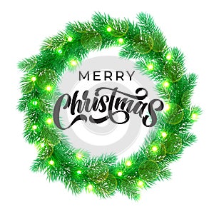 Merry Christmas greeting card design with calligraphy lettering on holly wreath background. Vector Xmas tree lights decoration and