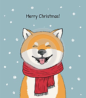 Merry Christmas greeting card design with happy smiling dog in scarf. Shiba inu cute illustration. - Vector