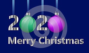 Merry Christmas greeting card design. Number 2020 with zero made from Christmas ball, realistic green and pink glass