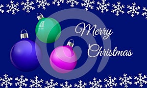 Merry Christmas greeting card design with realistic pink blue and green glass christmas balls, 3d Baubles. Vector