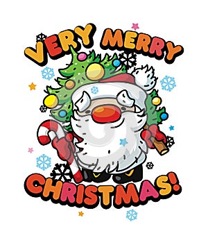 Merry christmas greeting card design with smiling santa and christmas tree