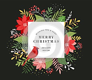 Merry Christmas greeting card in elegant, modern and classic style with leaves, flowers and bird