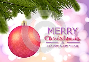 Merry Christmas greeting card. Festive background. Christmas red ball with glitters on the background of lights