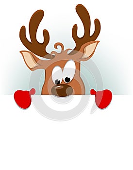Merry Christmas greeting card with funny reindeer hiding behind