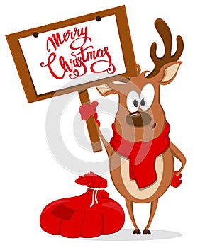 Merry Christmas greeting card with funny reindeer standing near