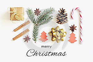Merry Christmas greeting card. Gift box, ribbon, fir branches, cones, star anise, cinnamon, candy cane and paper christmas tree on