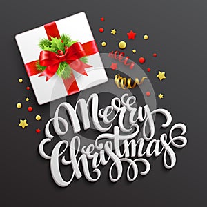 Merry Christmas greeting card. Gift box. Vector
