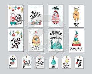 Merry Christmas greeting card and gift tag set with cute bear, santa, deer, gifts, noel and lettering.