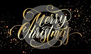 Merry Christmas greeting card of golden festive glitter confetti or sparkling fireworks on premium black background. Vector gold c