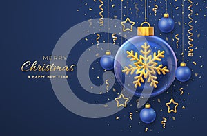 Merry christmas greeting card. Golden shining 3D snowflake in a glass bauble. Christmas blue background with hanging gold stars