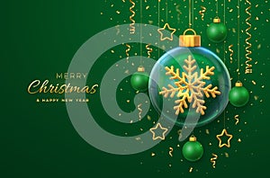 Merry christmas greeting card. Golden shining 3D snowflake in a glass bauble. Christmas green background with hanging gold stars