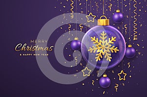 Merry christmas greeting card. Golden shining 3D snowflake in a glass bauble. Christmas purple background with hanging gold stars